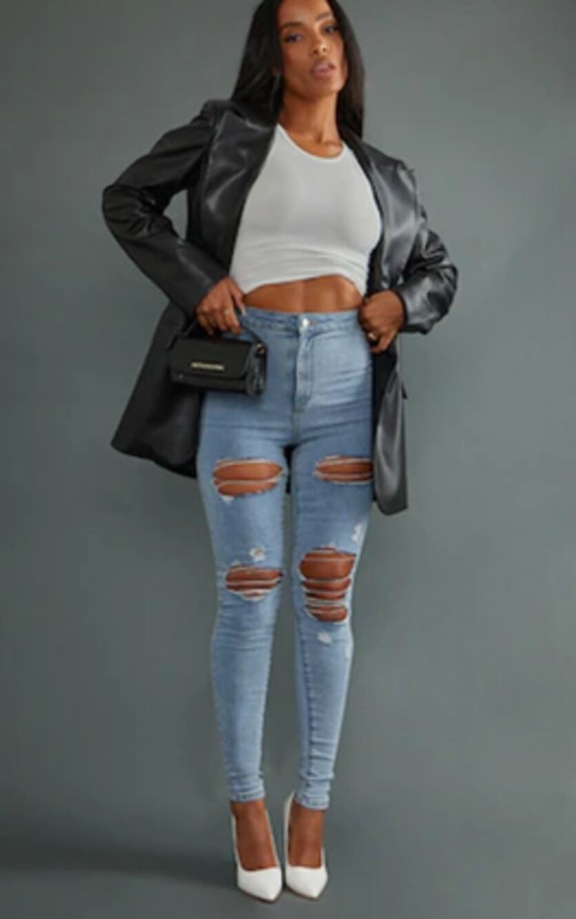 PrettyLittleThing PLT Vintage Wash Disco Ripped Hi-Rise Skinny Jeans Size 2 NEW
